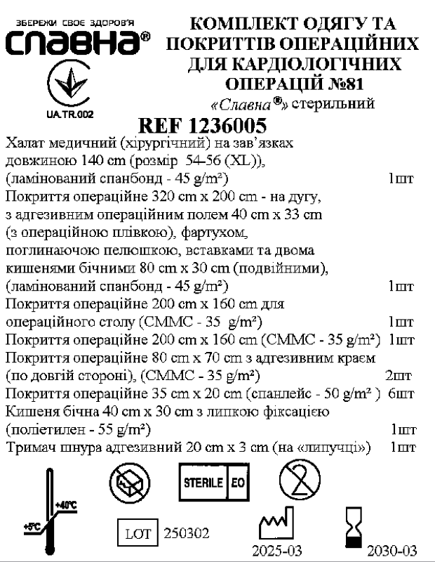 Комплект одягу та покриттів операційних для кардіологічних операцій №81 «Славна®» стерильний